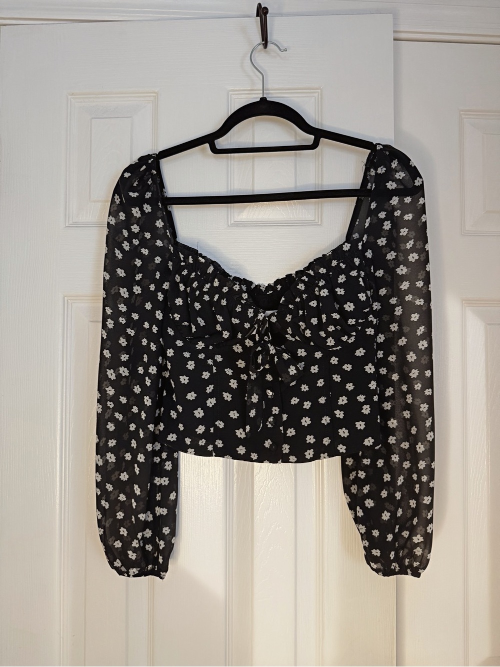 Princess Polly Black Floral Tie-Front Peasant Blouse Button Down